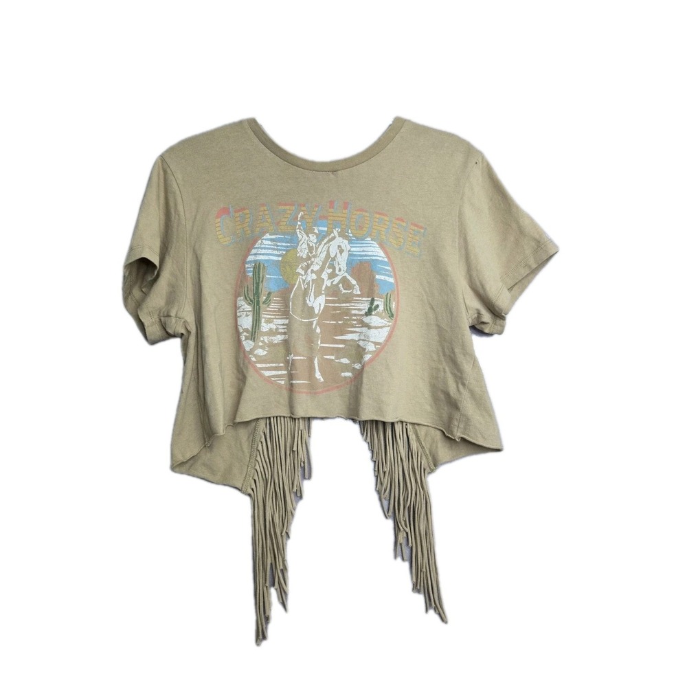 Fringe Graphic Festival Tee. Western Bohemian Y2K Cropped Cut-Out Cowgirl Size L